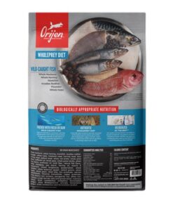 Vista posterior del envase de Orijen Six Fish para perros con información nutricional