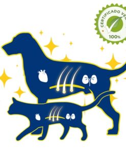Ilustración de perro y gato con sello “Certificado vegano 100%” (Omeglo TRM)
