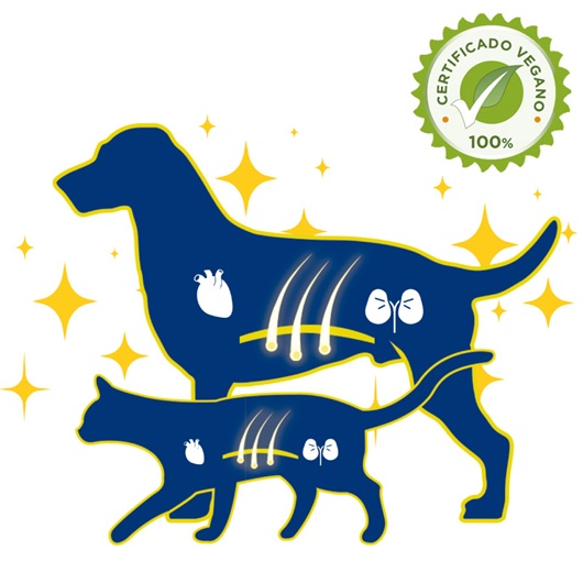 Ilustración de perro y gato con sello “Certificado vegano 100%” (Omeglo TRM)