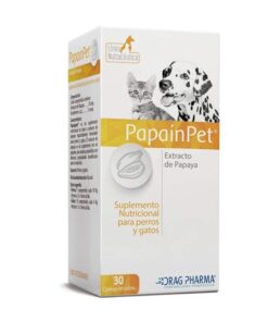 Envase de Papainpet Drag Pharma, suplemento nutricional en comprimidos para perros y gatos, caja con 30 comprimidos