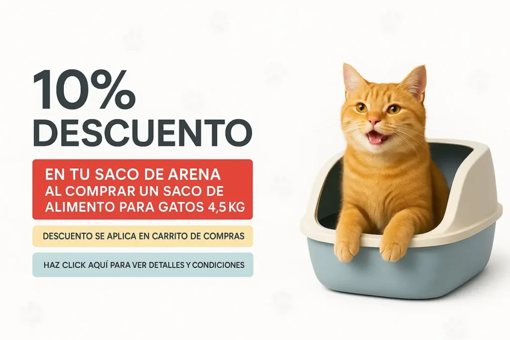 Gato dentro de una caja de arena, con el mensaje de descuento del 10% en arena al comprar un saco de alimento para gatos sobre 4,5 kg.