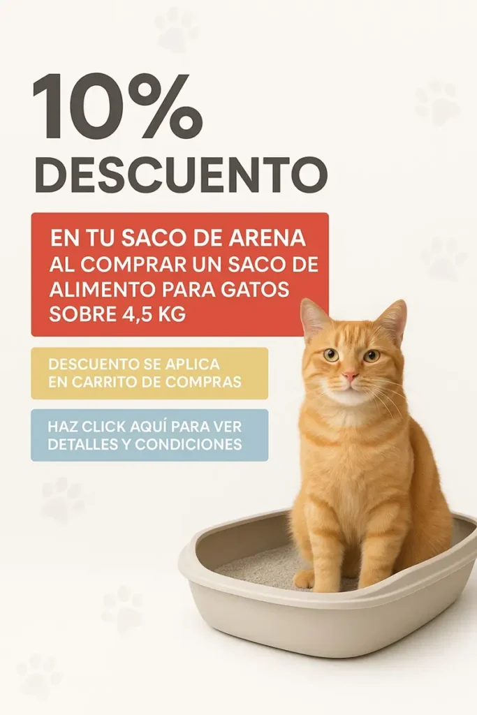 Gato feliz dentro de su caja de arena, anunciando un 10% de descuento en sacos de arena al comprar alimentos para gatos de más de 4,5 kg.