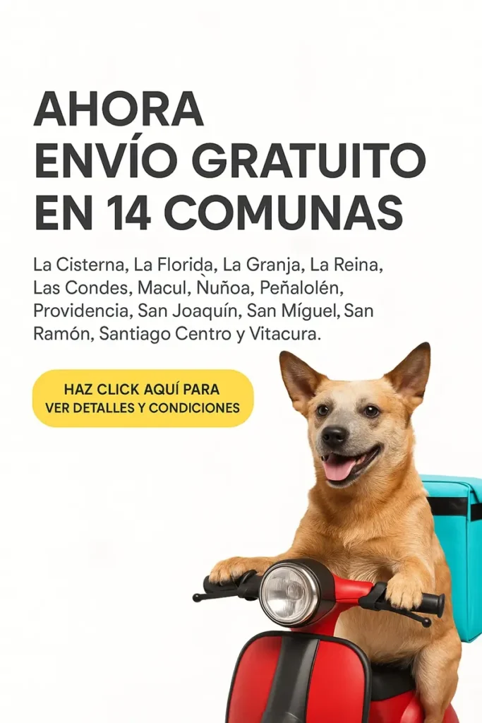 Perro feliz sobre una moto roja, con un mensaje de envío gratuito en 14 comunas, destacando las comunas de La Cisterna, Las Condes, Providencia, Ñuñoa y más.