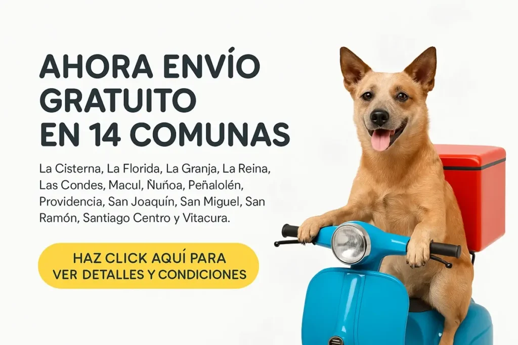 Imagen de perro sentado sobre una scooter azul, anunciando envío gratuito en 14 comunas, incluyendo La Cisterna, La Florida, La Granja, Las Condes, Providencia, Ñuñoa, San Joaquín, San Miguel y más.