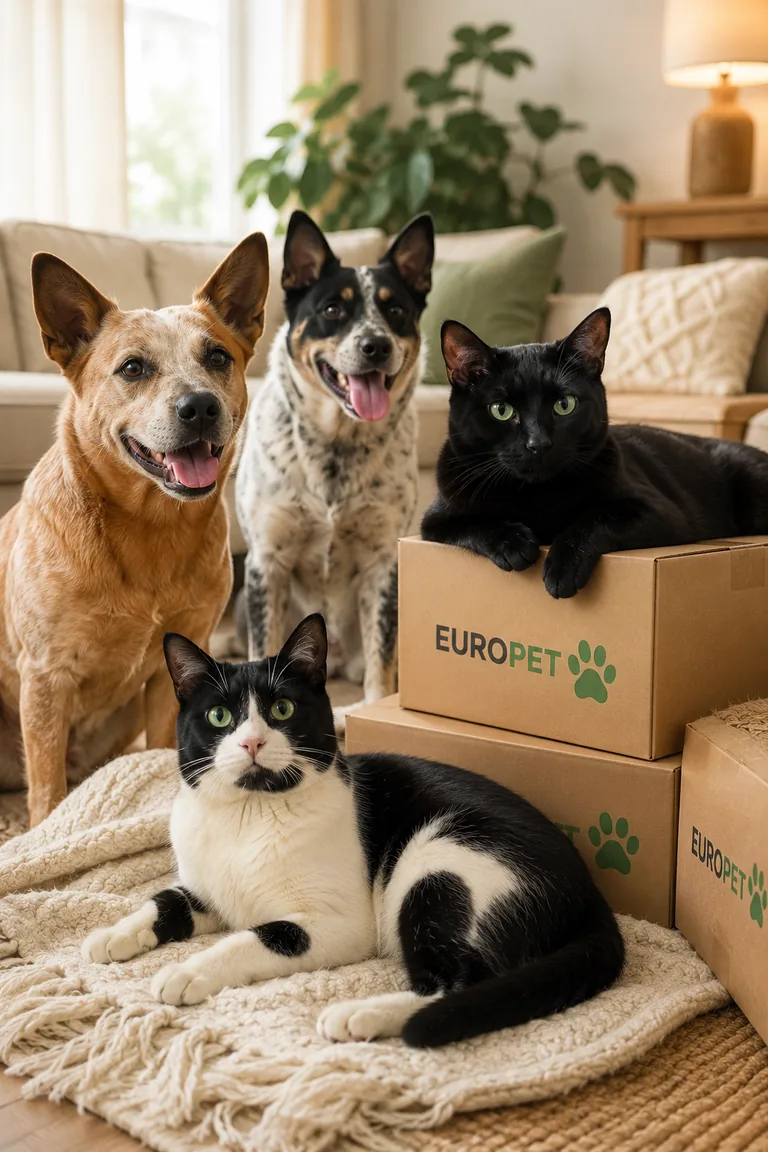 Perros y gatos junto a cajas Europet en un hogar cálido